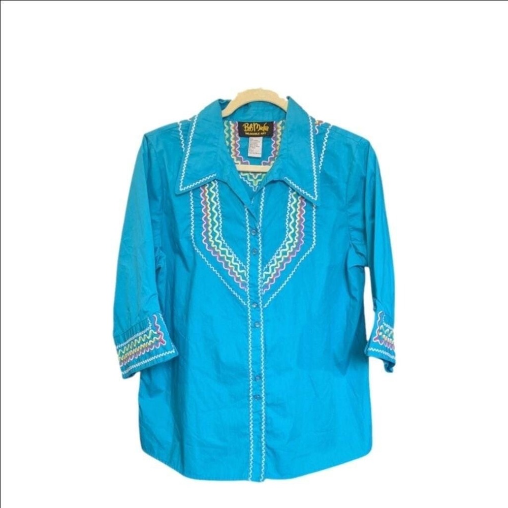 Vtg Bob Mackie Shirt Turquoise Ric Rac Embroidered Button Down Lg Western Boho